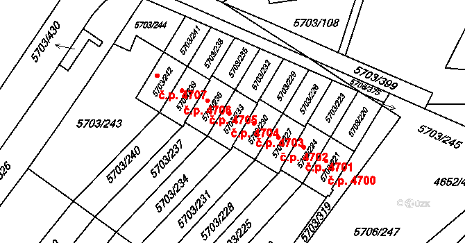 Jihlava 4704 na parcele st. 5703/233 v KÚ Jihlava, Katastrální mapa