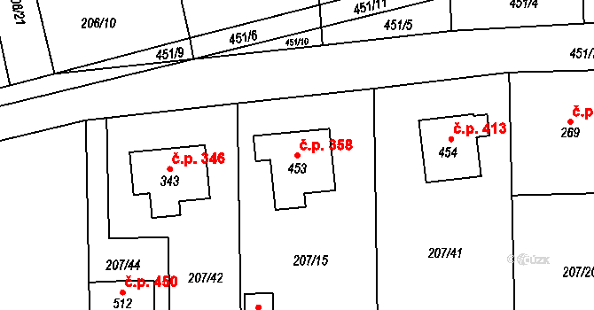 Horoměřice 358 na parcele st. 453 v KÚ Horoměřice, Katastrální mapa