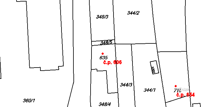 Luby 606 na parcele st. 635 v KÚ Luby I, Katastrální mapa