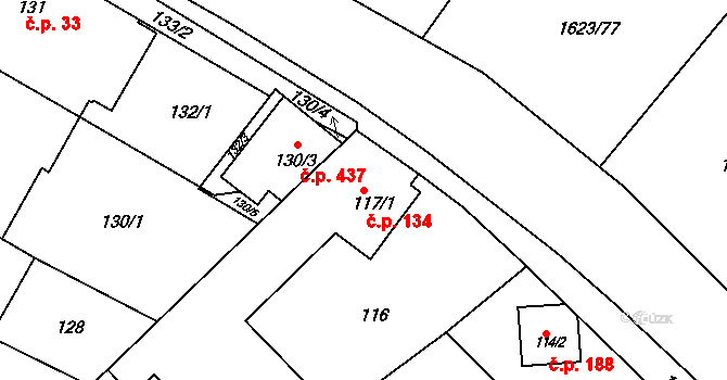 Popůvky 134 na parcele st. 117/1 v KÚ Popůvky u Brna, Katastrální mapa