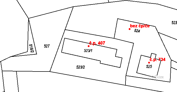 Libušín 407 na parcele st. 523/1 v KÚ Libušín, Katastrální mapa
