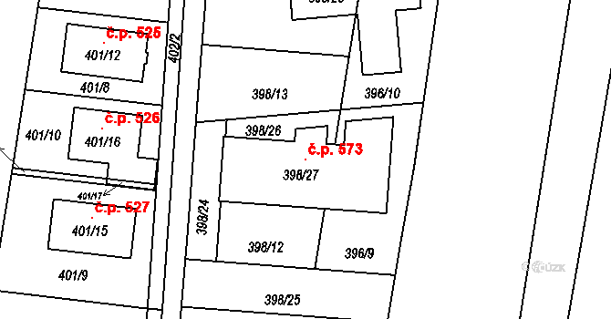 Želešice 573 na parcele st. 398/27 v KÚ Želešice, Katastrální mapa