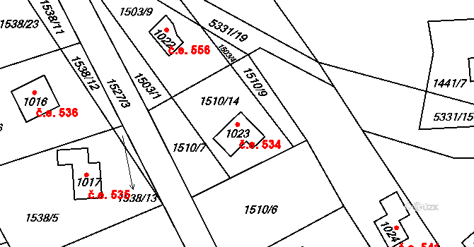 Chyňava 534 na parcele st. 1023 v KÚ Chyňava, Katastrální mapa