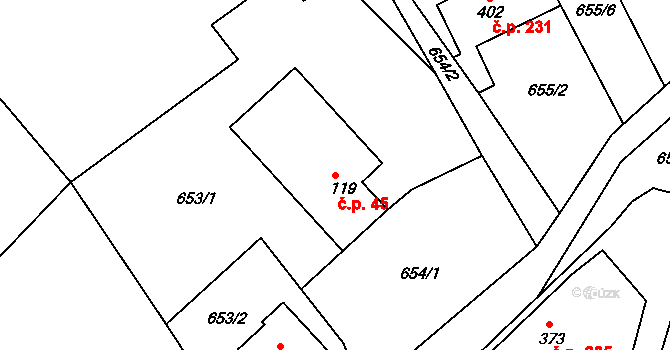 Osík 45 na parcele st. 119 v KÚ Osík, Katastrální mapa