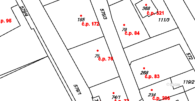 Lázně Bělohrad 76 na parcele st. 75 v KÚ Lázně Bělohrad, Katastrální mapa