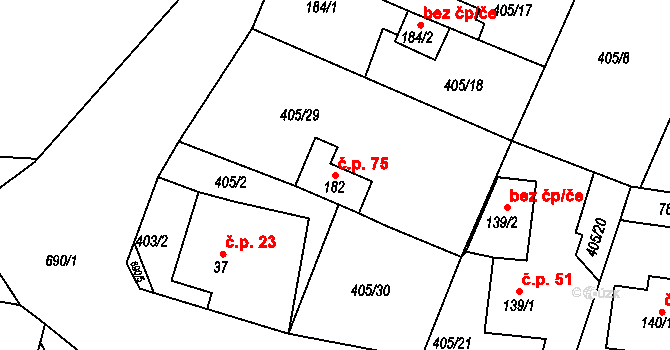 Hradiště 75, Bžany na parcele st. 182 v KÚ Bžany, Katastrální mapa
