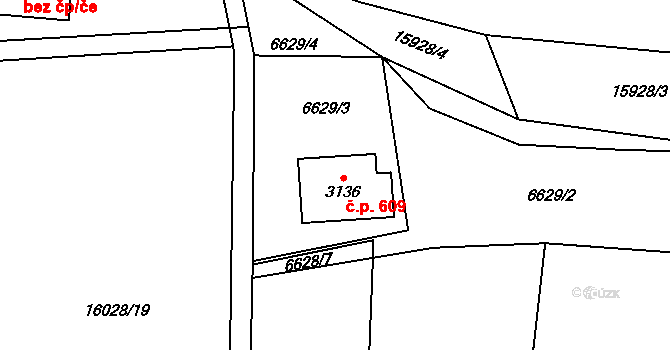 Huslenky 609 na parcele st. 3136 v KÚ Huslenky, Katastrální mapa