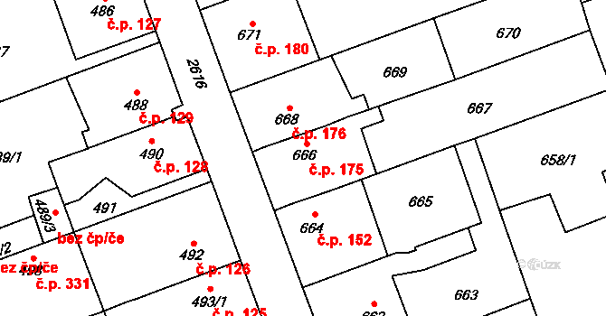 Radotín 175, Praha na parcele st. 666 v KÚ Radotín, Katastrální mapa