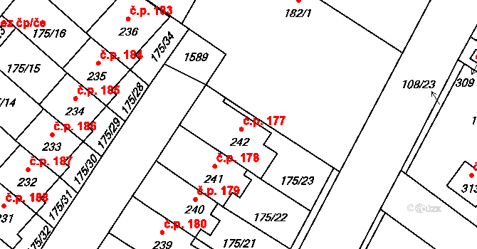 Břežany II 177 na parcele st. 242 v KÚ Břežany II, Katastrální mapa