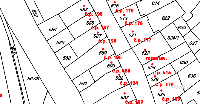 Šlapanice 195 na parcele st. 589 v KÚ Šlapanice u Brna, Katastrální mapa