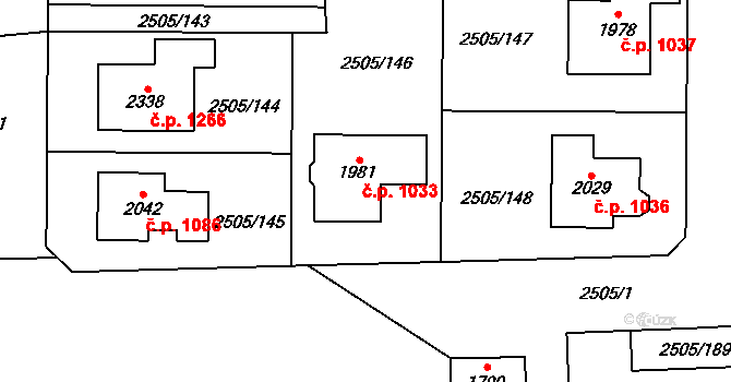 Dobřany 1033 na parcele st. 1981 v KÚ Dobřany, Katastrální mapa