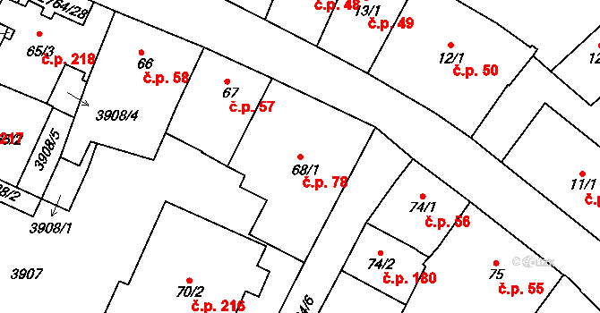 Střed 78, Rokycany na parcele st. 68/1 v KÚ Rokycany, Katastrální mapa