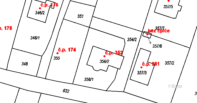 Oldřišov 352 na parcele st. 356/2 v KÚ Oldřišov, Katastrální mapa