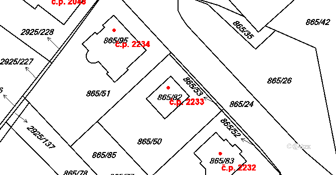 Pelhřimov 2233 na parcele st. 865/82 v KÚ Pelhřimov, Katastrální mapa