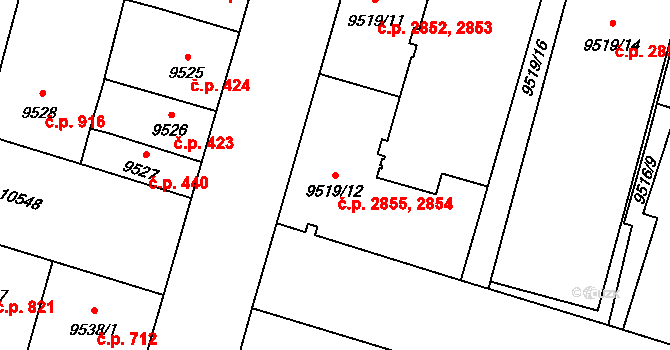 Jižní Předměstí 2854,2855, Plzeň na parcele st. 9519/12 v KÚ Plzeň, Katastrální mapa