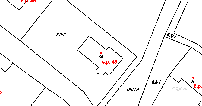Dobrnice 46, Leština u Světlé na parcele st. 74 v KÚ Dobrnice, Katastrální mapa