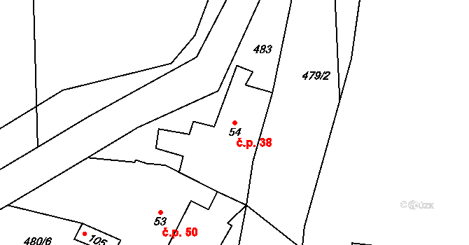 Unčín 38 na parcele st. 54 v KÚ Unčín, Katastrální mapa