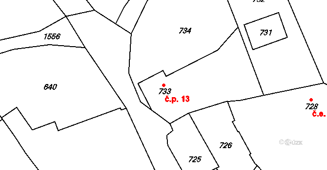 Mimov 13, Osvračín na parcele st. 733 v KÚ Osvračín, Katastrální mapa