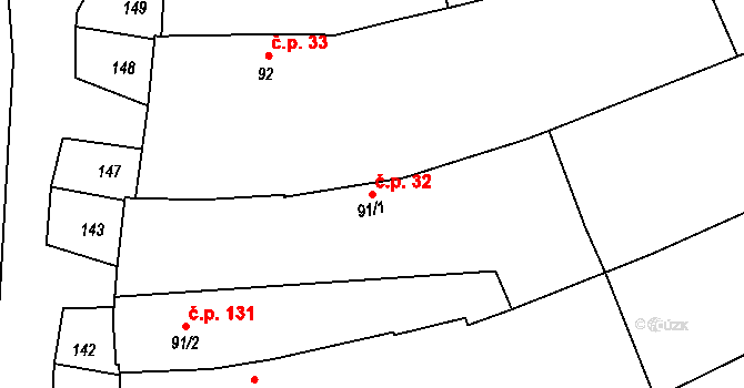Palonín 32 na parcele st. 91/1 v KÚ Palonín, Katastrální mapa