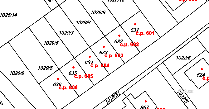 Mořkov 603 na parcele st. 633 v KÚ Mořkov, Katastrální mapa