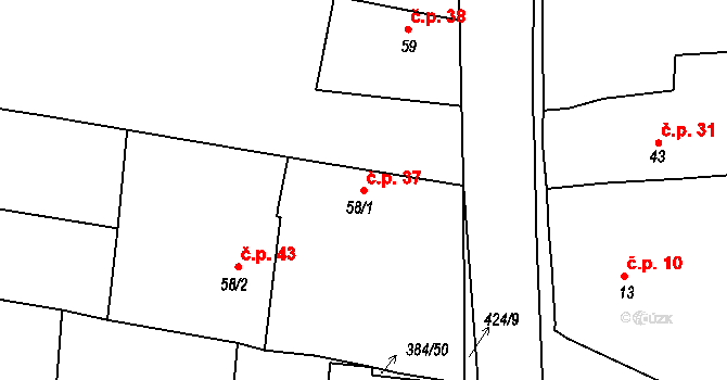 Kaceřov 37 na parcele st. 58/1 v KÚ Kaceřov, Katastrální mapa