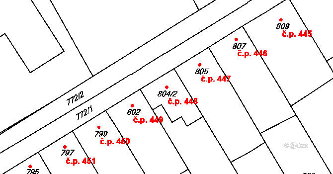 Hrušky 448 na parcele st. 804/2 v KÚ Hrušky, Katastrální mapa