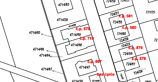 Syrovice 713 na parcele st. 4714/68 v KÚ Syrovice, Katastrální mapa