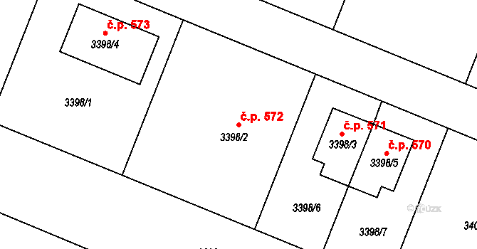 Šanov 572 na parcele st. 3398/2 v KÚ Šanov nad Jevišovkou, Katastrální mapa