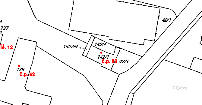 Hazlov 59 na parcele st. 142/1 v KÚ Hazlov, Katastrální mapa
