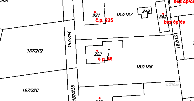 Všechlapy 45 na parcele st. 223 v KÚ Všechlapy u Nymburka, Katastrální mapa