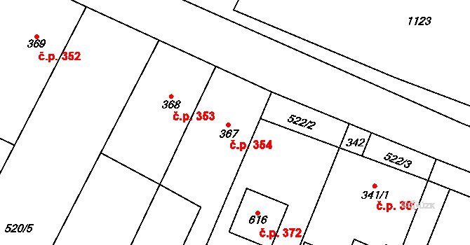Rožďalovice 354 na parcele st. 367 v KÚ Rožďalovice, Katastrální mapa