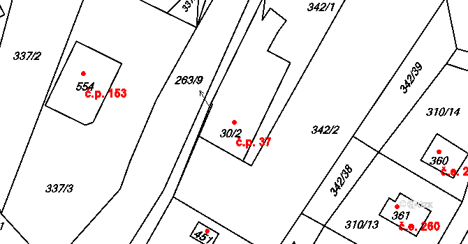 Hostěradice 37, Kamenný Přívoz na parcele st. 30/2 v KÚ Hostěradice, Katastrální mapa