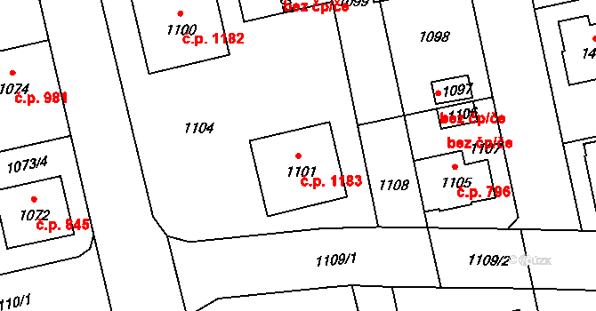 Úvaly 1183 na parcele st. 1101 v KÚ Úvaly u Prahy, Katastrální mapa