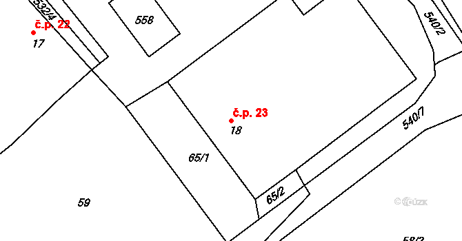 Horní Žďár 23, Jindřichův Hradec na parcele st. 18 v KÚ Horní Žďár u Jindřichova Hradce, Katastrální mapa