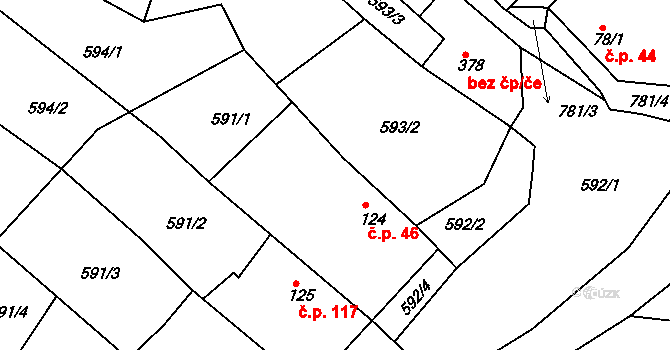 Broumy 46 na parcele st. 124 v KÚ Broumy, Katastrální mapa