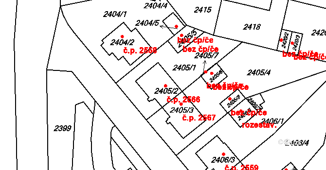 Teplice 2566 na parcele st. 2405/2 v KÚ Teplice, Katastrální mapa