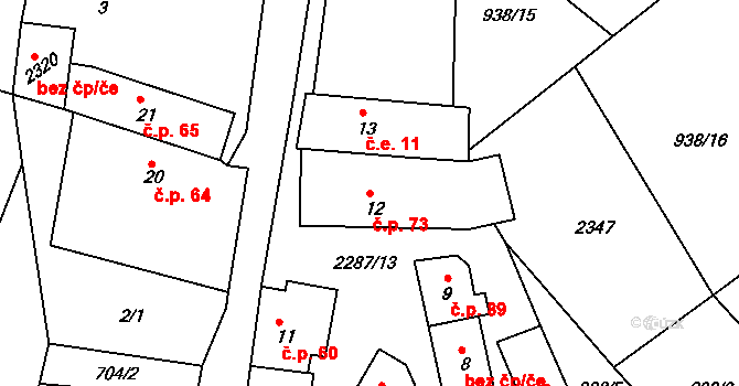 Břežany 73 na parcele st. 12 v KÚ Břežany, Katastrální mapa