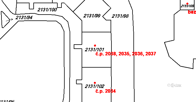 Stodůlky 2035,2036,2037,2038, Praha na parcele st. 2131/101 v KÚ Stodůlky, Katastrální mapa