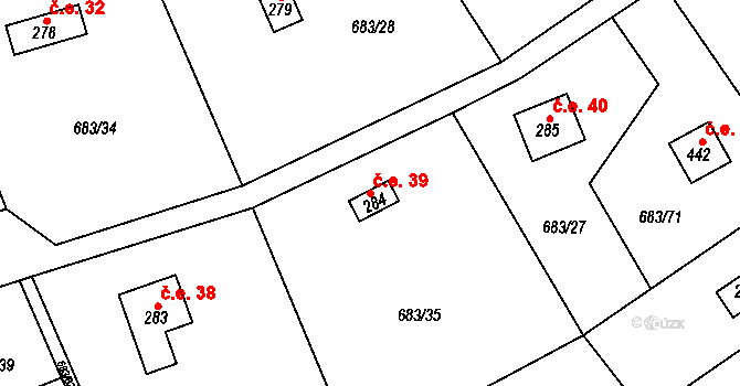 Halouny 39, Svinaře na parcele st. 284 v KÚ Svinaře, Katastrální mapa