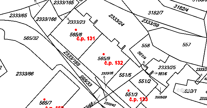Příbram III 132, Příbram na parcele st. 565/9 v KÚ Příbram, Katastrální mapa
