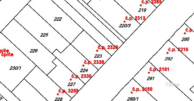 Chomutov 2329 na parcele st. 223 v KÚ Chomutov II, Katastrální mapa