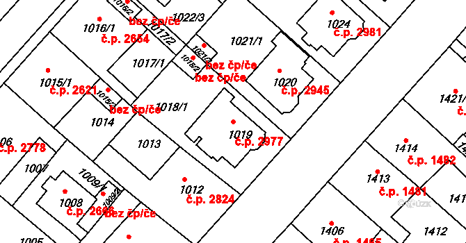Chomutov 2977 na parcele st. 1019 v KÚ Chomutov II, Katastrální mapa