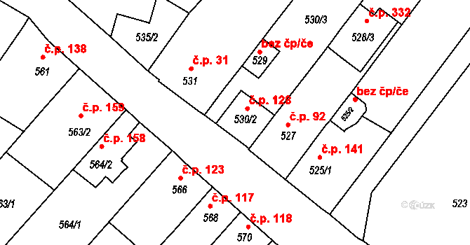 Rozdrojovice 128 na parcele st. 530/2 v KÚ Rozdrojovice, Katastrální mapa