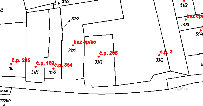 Lišov 205 na parcele st. 33/3 v KÚ Lišov, Katastrální mapa