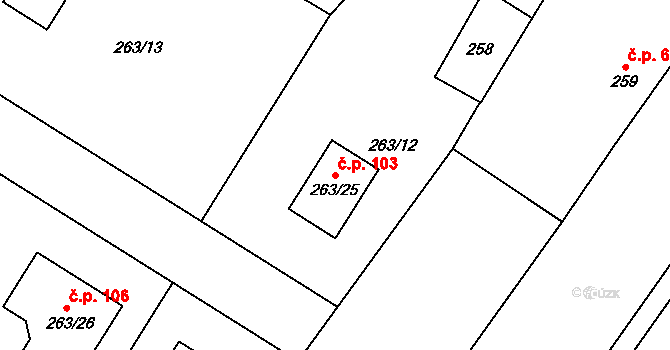 Vinařice 103, Týnec nad Labem na parcele st. 263/25 v KÚ Vinařice u Týnce nad Labem, Katastrální mapa