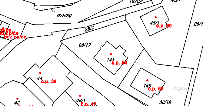 Čechtín 54 na parcele st. 141 v KÚ Čechtín, Katastrální mapa