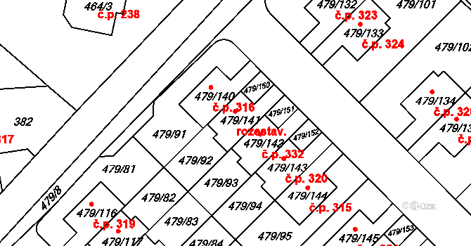 Třeboradice 331, Praha na parcele st. 479/141 v KÚ Třeboradice, Katastrální mapa