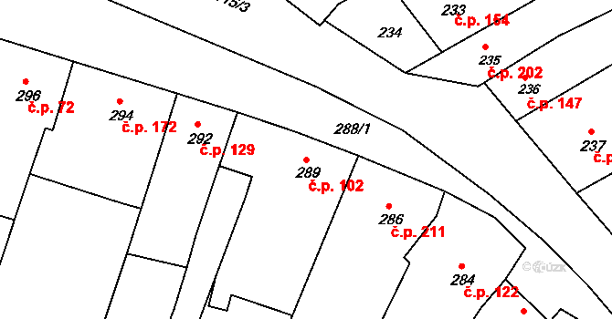 Milešovice 102 na parcele st. 289 v KÚ Milešovice, Katastrální mapa
