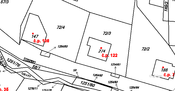 Podkopná Lhota 122 na parcele st. 274 v KÚ Podkopná Lhota, Katastrální mapa