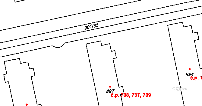Malenovice 737,738,739, Zlín na parcele st. 897 v KÚ Malenovice u Zlína, Katastrální mapa